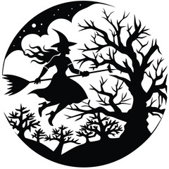 Witch flying on broomstick across full moon, spooky trees in silhouette, Halloween night vector Haunted house with bats Creepy scarecrow with crows on pumpkin field Zombie hands rising from grave