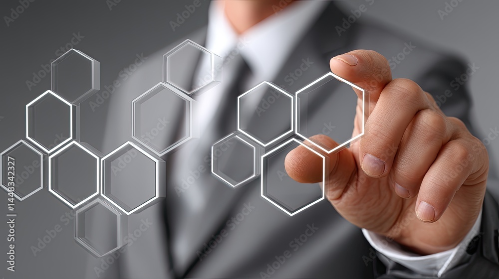 Poster a businessman touches a digital screen displaying hexagonal patterns, illustrating advanced business