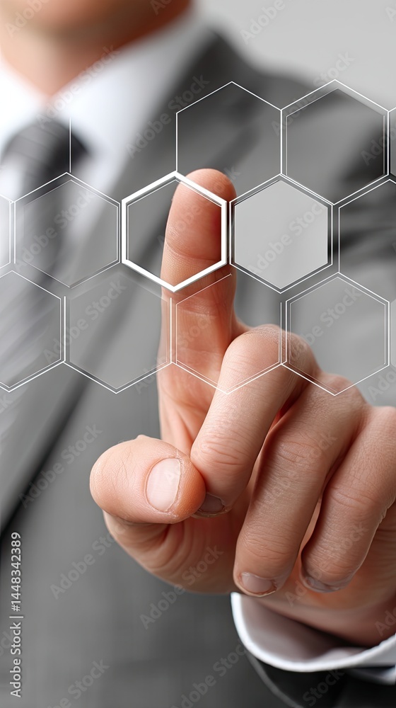 Poster a businessman touches a digital screen displaying hexagonal patterns, illustrating advanced business