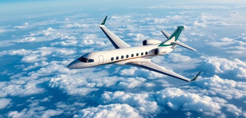 Obraz premium Sleek passenger jet soaring high above clouds, ample blue sky visible, wing, overhead view