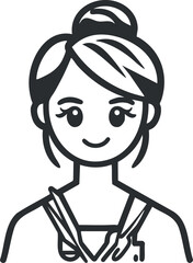 Line art illustration of a smiling young woman with hair tied up in a bun and simple facial features