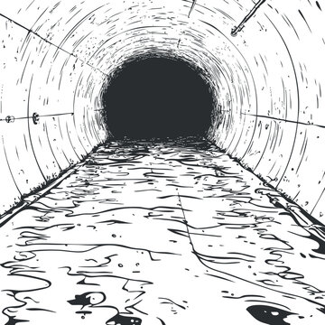 Black and white drawing of a long underground tunnel or sewer with flowing water and a dark circular opening