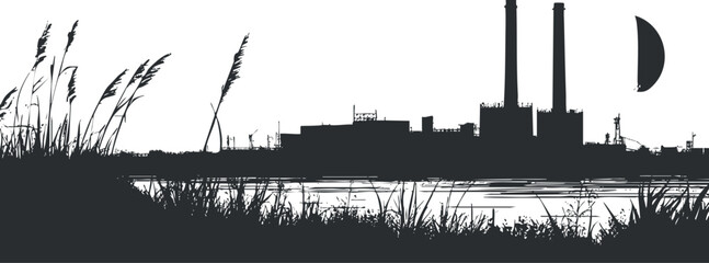 Obraz premium Black and white silhouette of an industrial factory with smokestacks near a river and tall grass at sunset.