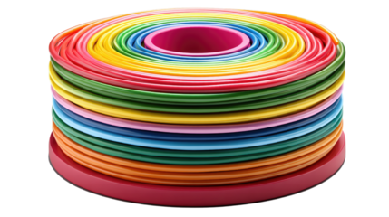 Rainbow Filament Spool: A colorful spool of rainbow filament for 3D printing, showcasing a vibrant spectrum of colors ready for creative projects.  