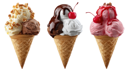 Ice Cream Cones Temptation: Three delicious ice cream cones, each showcasing a delightful combination of flavors and toppings. A perfect treat to beat the summer heat.