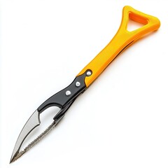 Obraz premium Vibrant yellow and black fishing tool showcasing a serrated edge with a sturdy grip