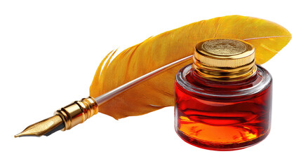 Golden Quill and Inkwell: A close-up shot of a golden quill pen resting next to a glass inkwell filled with rich, amber ink, evoking a sense of classic elegance and traditional writing. 