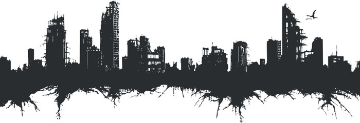 Naklejka premium Black and white silhouette of a modern city skyline with highrise buildings and urban structures
