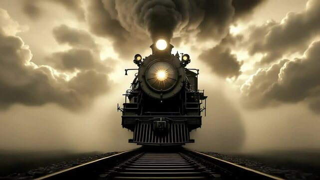 A vintage steam train steaming through a dramatic sky