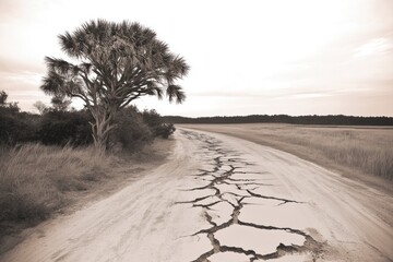 Cracked dirt road through a field, with a lone tree