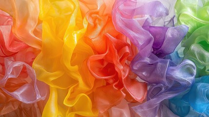 Vibrant rainbow colored fabrics.  Draped, flowing, translucent, and textured