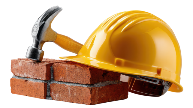 Construction Essentials: A close-up of a yellow safety helmet, a brick, and a hammer arranged for construction.  Symbolizing labor, industry, and safety