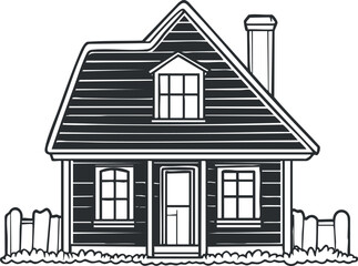 Black and white line drawing of a small house with pitched roof chimney windows door and fence
