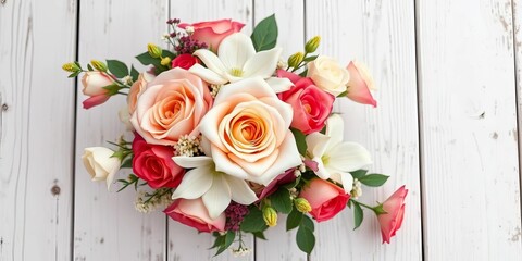 Elegant rose and freesia wedding bouquet on rustic white wood , celebration, bridal bouquet