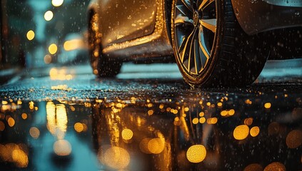 Car tire reflecting city lights in a rain puddle