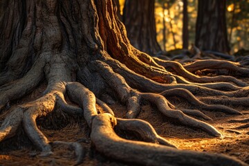 Exposed roots of a large tree illuminated by golden sunlight in a dense forest landscape.