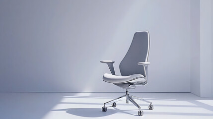 A white office chair is sitting in front of a white wall