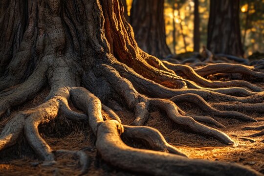 Exposed roots of a large tree illuminated by golden sunlight in a dense forest landscape. - Powered by Adobe