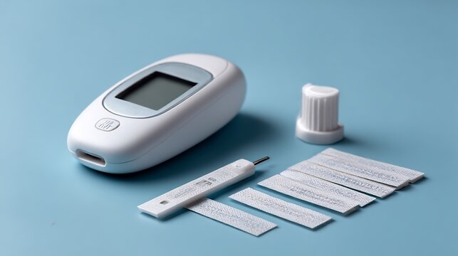 Minimalist diabetes care: Precision glucose monitor and testing essentials on blue background - Powered by Adobe