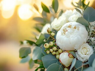 Elegant bouquet with greenery and berries in close-up, featuring eucalyptus, white peonies, and red hypericum under golden soft-focus light, timeless floral wedding concept, luxury natural styling
