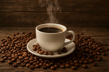 Steaming coffee in a white cup with saucer surrounded by coffee beans