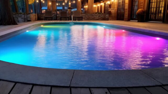 Outdoor pool with vibrant LED lighting creating a relaxing summer night scene in a wooded backyard of a luxurious home.