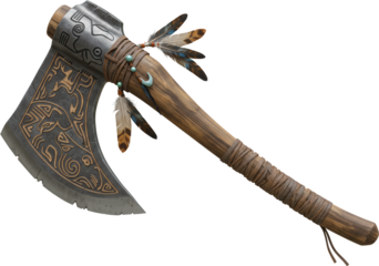Ornate Native American Tomahawk Axe with Feathers and Tribal Carvings 3D Render