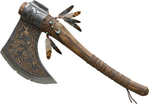 Ornate Native American Tomahawk Axe with Feathers and Tribal Carvings 3D Render