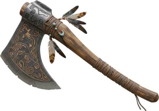 Ornate Native American Tomahawk Axe with Feathers and Tribal Carvings 3D Render