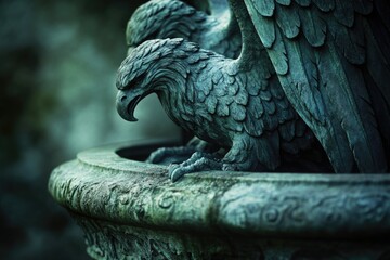 Weathered stone eagle statue perches on a decorative fountain, its sharp eyes conveying a sense of watchful power.