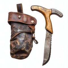 Vintage leather sheath with a rustic knife, showcasing craftsmanship and utility