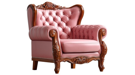 Pink Upholstered Armchair: A stunning pink upholstered armchair with intricate carved wooden details, this exquisite piece exudes both elegance and comfort.
