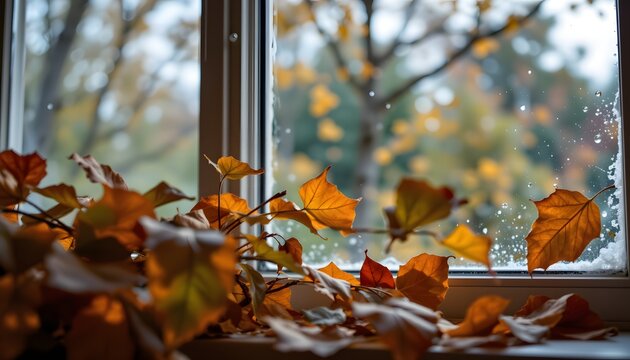 Autumn Leaves Embrace: A window adorned with vibrant autumn leaves captures the essence of fall season, offering a warm embrace. The crisp air and golden hues paint a picturesque view of the outdoors