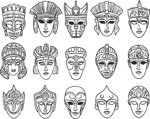 Set of 15 black and white tribal and ethnic masks with traditional ornamental designs and cultural symbolism