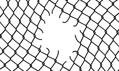 Close-up of a black chain-link fence with diamond grid pattern and central gap. Minimalist graphic style, isolated on white. Neutral tone, geometric texture, clean lines.