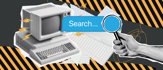 Retro style desktop computer, colorful vector illustration Trendy halftone collage with computer. search bar and cut out hands pointing on it on bold textured yellow background.