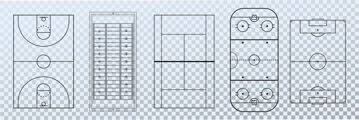 Set of sport field. basketball, volleyball, tennis,Ice hockey rink, soccer, american football field. Line art style.