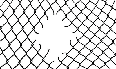 Close-up of a black chain-link fence with diamond grid pattern and central gap. Minimalist graphic style, isolated on white. Neutral tone, geometric texture, clean lines.