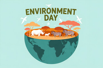 World Environment Day Globe with African Savanna Scene and Wildlife