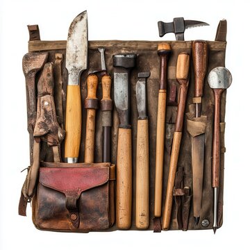 Vintage tool kit with various hand tools arranged on a canvas background for craftsmanship