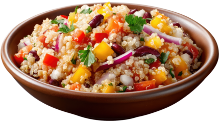 Quinoa Salad: A vibrant and appetizing close-up shot of quinoa salad in a bowl, brimming with colorful bell peppers, red onions, and fresh cilantro.