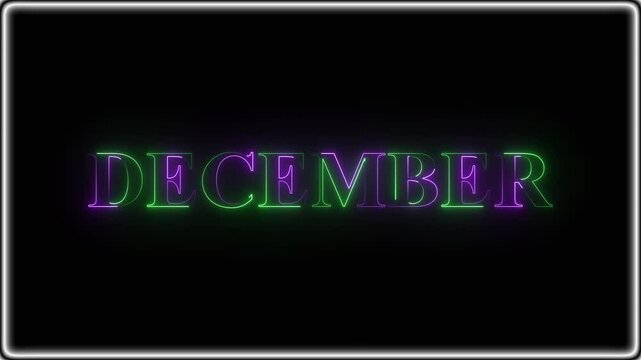 Neon December text animation on black background. December month neon line text concept. December neon looping animation. 