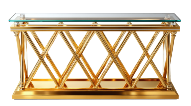 Golden Console Table: A modern console table features a lustrous gold-tone metal frame in a geometric diamond pattern, complemented by a sleek glass top.