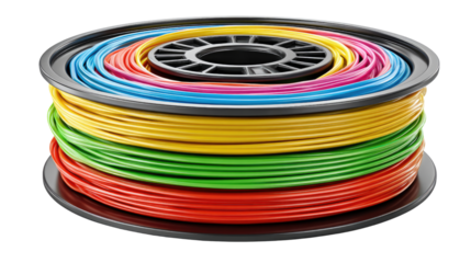 Spool of 3D Printing Filament: A vibrant display of colorful 3D printing filament, meticulously arranged in a circular spool.