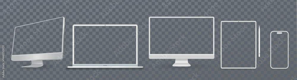 Poster Set of clay white mockup technology devices with empty display