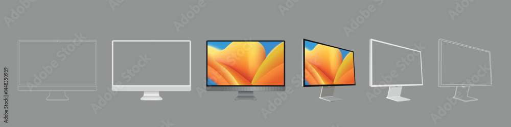 Poster modern pc computer mockup collection. set white mockup technology devices with white empty display