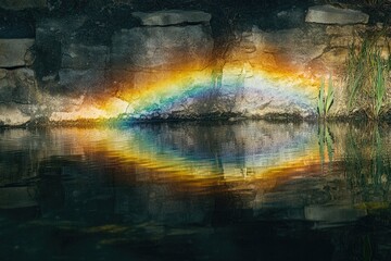Fototapeta premium A captivating rainbow reflects on the water's surface beside a mossy stone wall with vibrant, colorful light and lush greenery.