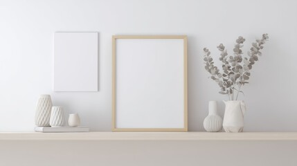 Fototapeta premium Minimalist Display with Empty Frames and Elegant Decorative Objects