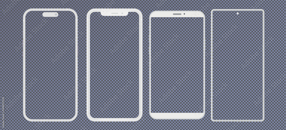 Aufkleber Clay phone mockup, realistic mobile set concept on transparent background. White smartphones in different angles view with blank screen, 3d vector illustration mock up for app design presentation.