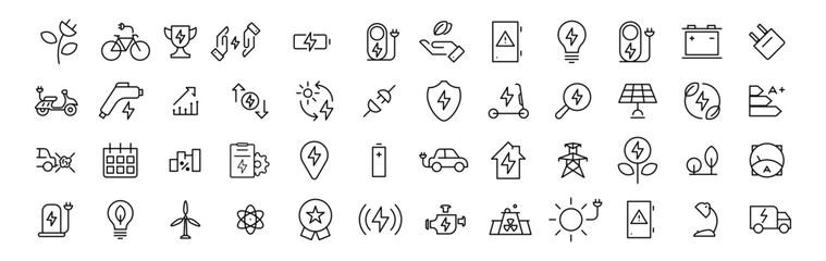 Set of outline icons related to green, renewable energy, alternative sources energy. Eco icon collection. Editable stroke. Vector illustration.
